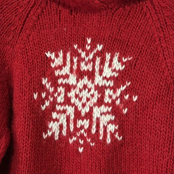 American Eagle Chunky Hand Knit Wool Snowflake Ski Winter Red Hooded Sweater - L - Picture 3 of 8
